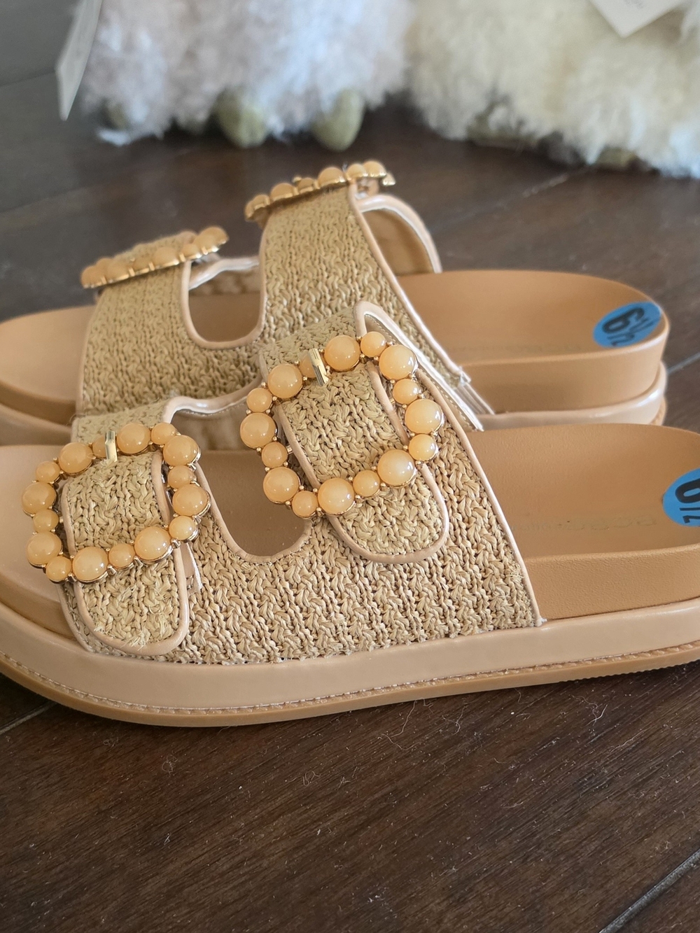 BCBGeneration Beaded Buckle Slide Sandals - Beige/Tan